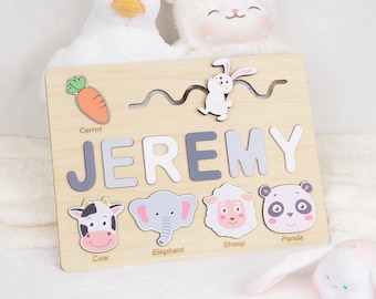 Personalized Baby Gift, Easter Kids Gifts, Custom Wood Name Puzzle with Zoo Animals,  Busy Board Toy for 3 Year Old, Birthday Gift for Girl
