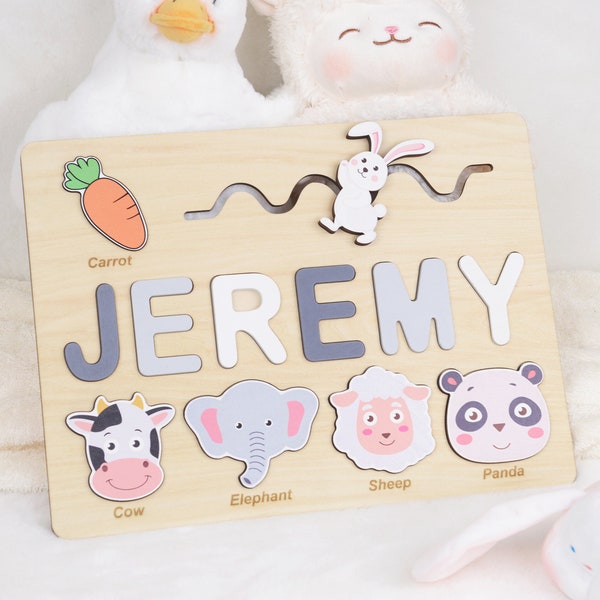 Personalized Baby Gift, Easter Kids Gifts, Custom Wood Name Puzzle with Zoo Animals,  Busy Board Toy for 3 Year Old, Birthday Gift for Girl