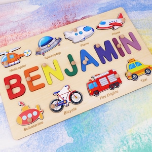 Christmas Gift for Babies, 2nd Birthday Gift for Baby Boy, Wooden Name Puzzle with Vehicles, Personalized Wooden Memory Toy, Gift for Nephew image 6