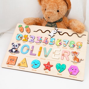 Personalized Wooden Puzzle with Shapes, Animals, and Numbers 0-9, Baby Birthday Gift, Busy Board for Toddler, Kids Gift, Educational Toy