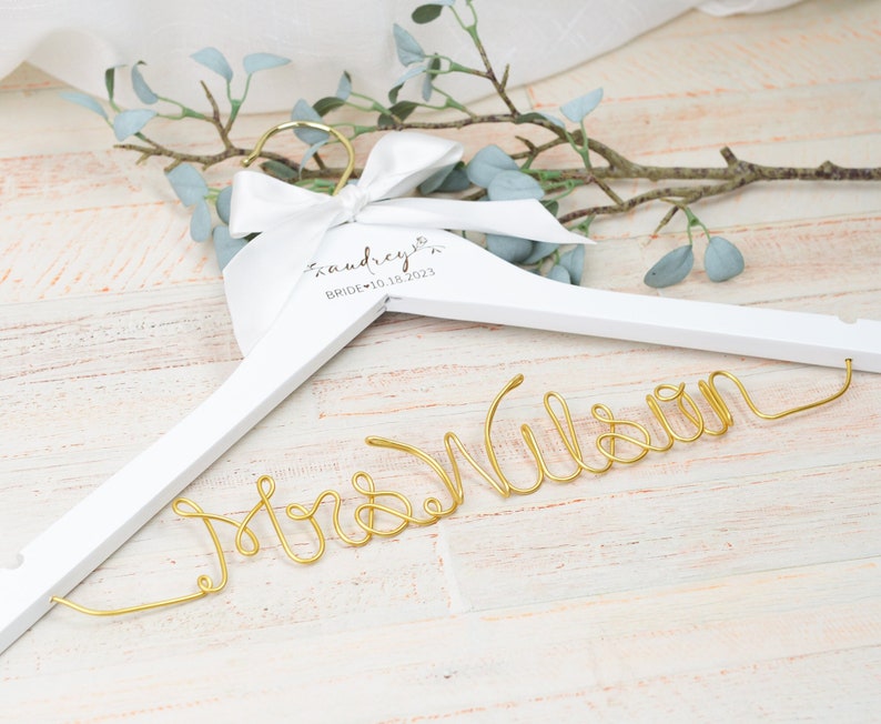 Personalized Hanger with Wire Name and Bow, Bridal Shower Gift for Bride, Personalized Bridal Hanger, Mrs Hanger, Bride Hanger, Wedding Gift image 2