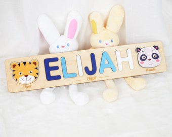 Custom Wooden Name Puzzle with Colorful Animal Heads, Personalized New Born Gift, Kids First Birthday Gift, Perfect Gift for Baby Shower