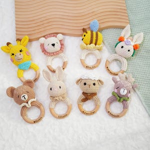 Handmade Crochet Animal Head Baby Rattle with Wooden Ring | Natural Materials | Washable | Unique Newborn Gift | Baby Shower Gift