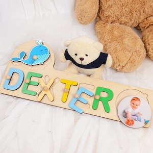Kid Photo Name Puzzle, Baby Shower Gift, Christmas Gift, 1st Birthday Gift for Baby Girl & Baby Boy, Custom Wooden Nursery Decor Name Sign