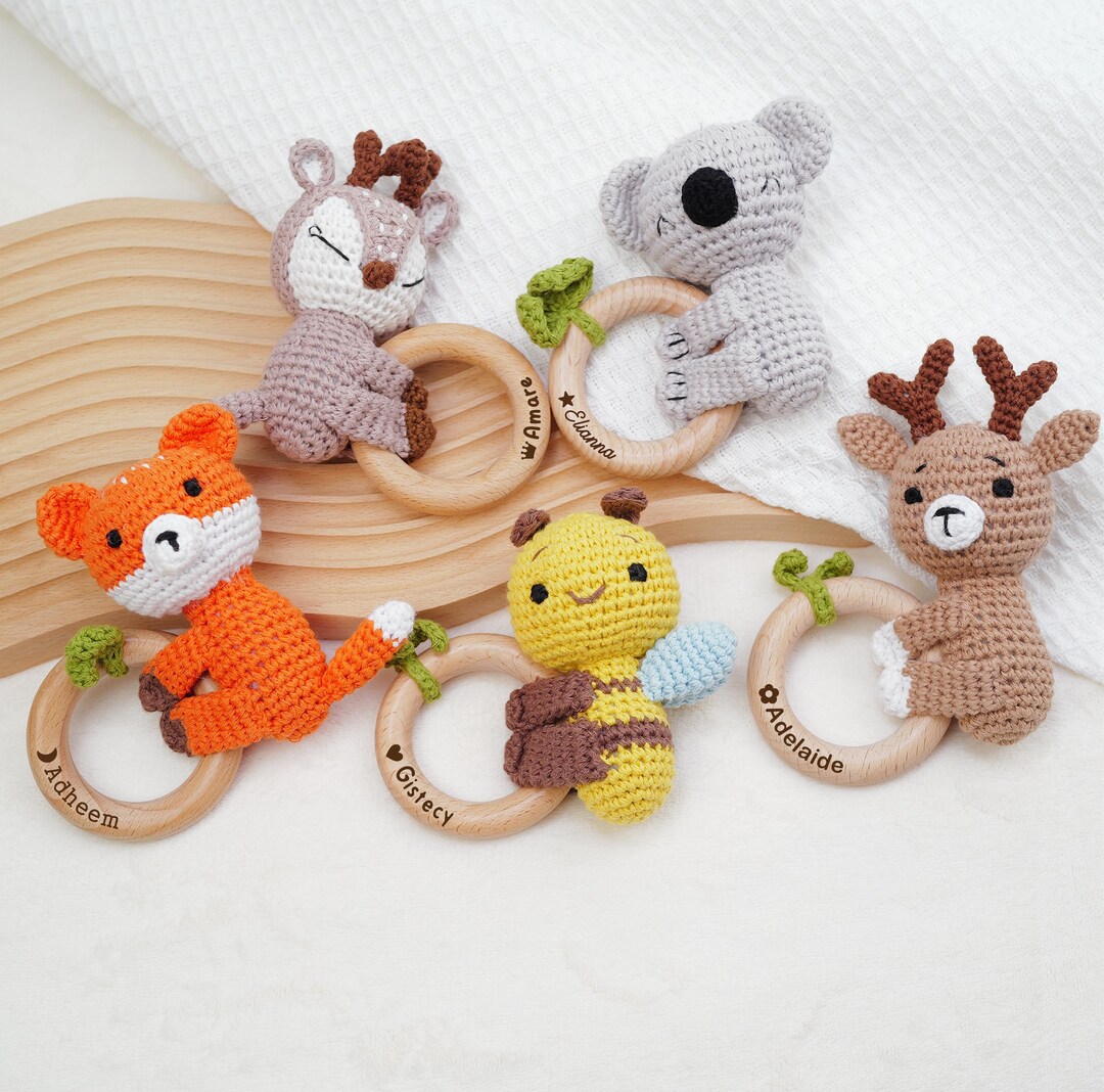 Personalized Crochet Baby Rattle With Animal Head and Wooden Ring ...