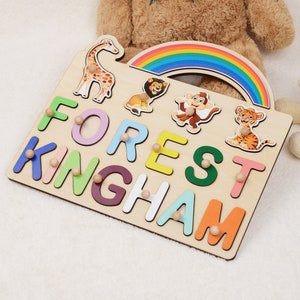 Cute Animal Kids Gift Toy with Child Name, Personalized Rainbow Baby Gifts, Giraffe Baby Gift, Wooden Block Baby Puzzle for Kids Name