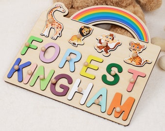 Cute Animal Kids Gift Toy with Child Name, Personalized Rainbow Baby Gifts, Giraffe Baby Gift, Wooden Block Baby Puzzle for Kids Name