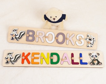 Décor en bois pour enfant, panda cadeaux toddlers name puzzle avec chevilles, jouet montessori en bois pour l’enfant, cadeau personnalisé d’anniversaire de douche de bébé