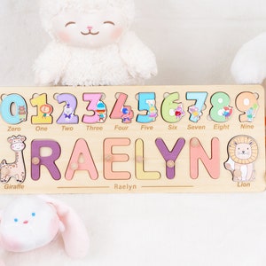 Personalisiertes Kinder Namenspuzzle mit Zahlen & Tieren, Ostergeschenk für Baby Mädchen, individuelles Geburtstagsgeschenk für Baby Jungen, Babypuzzle aus Holz