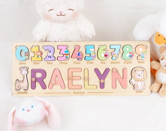 Personalized Kids Name Puzzle with Numbers & Animals, Easter Gift for Baby Girl, Custom Birthday Gift for Baby Boy, Wooden Baby Puzzle Name
