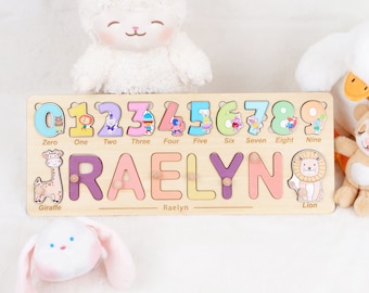 Personalized Kids Name Puzzle with Numbers & Animals, Easter Gift for Baby Girl, Custom Birthday Gift for Baby Boy, Wooden Baby Puzzle Name