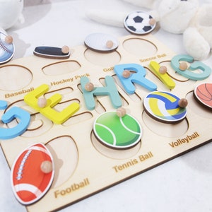 Geburtstagsgeschenke für Jungen, Baby Shower Geschenk, personalisiertes Namenspuzzle mit Kugeln, Ballspiel Holz, Sport Thema Namen Puzzle Bild 9