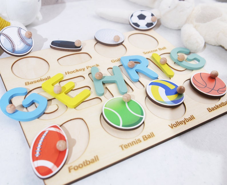 Geburtstagsgeschenke für Jungen, Baby Shower Geschenk, personalisiertes Namenspuzzle mit Kugeln, Ballspiel Holz, Sport Thema Namen Puzzle Bild 9