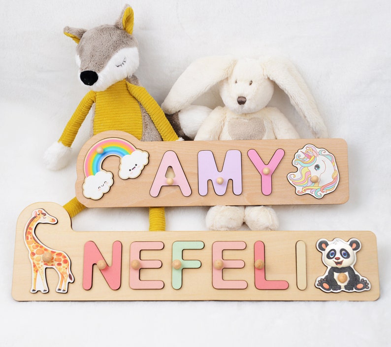 Personalized Baby Gift, First Birthday Gift, New Born Baby Gift, Custom Wooden Name Puzzle with Pegs, Baby Shower Gift, Toy with Butterfly image 2