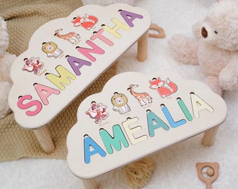 Gepersonaliseerde puzzelkruk voor peuters – houten educatieve kruk voor 2-3-jarigen – aangepaste naam cadeau voor babyshower of verjaardag, 1e kerst
