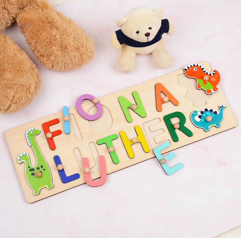 Custom 1st Birthday Present, Dinosaur Name Puzzle with Pegs, Toddlers Full Name Puzzle, Baby Shower Gift, Personalized Wooden Montessori Toy image 2