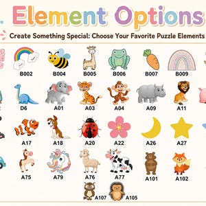 May include: A chart titled Element Options featuring a grid of colorful cartoon icons including animals, insects, flowers, stars, a moon, a car, and rainbows. Each icon is labeled with a unique alphanumeric code like B001, A01, or A107.
