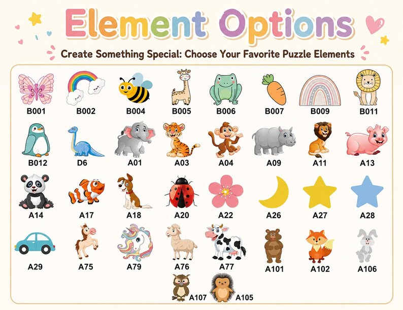 May include: A chart titled Element Options featuring a grid of colorful cartoon icons including animals, insects, flowers, stars, a moon, a car, and rainbows. Each icon is labeled with a unique alphanumeric code like B001, A01, or A107.