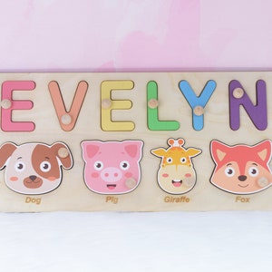 Personalized Puzzle Name Board, Toy Gifts for Baby Girls, Custom Name Puzzle for Toddlers, Custom Wooden Baby Keepsake, Baby Shower Gift 4 animals(on bottom)