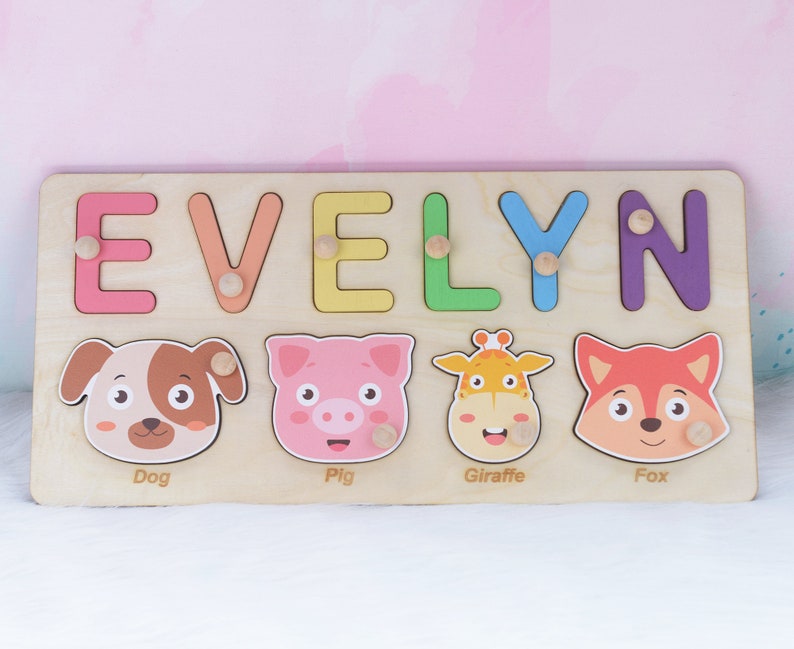 Personalized Puzzle Name Board, Toy Gifts for Baby Girls, Custom Name Puzzle for Toddlers, Custom Wooden Baby Keepsake, Baby Shower Gift 4 animals(on bottom)