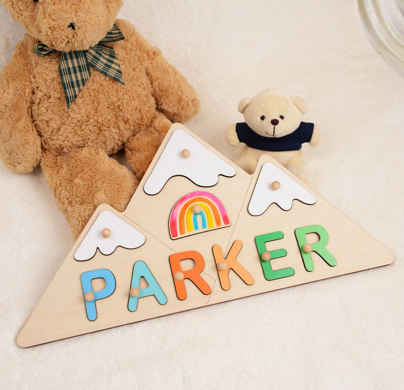 Custom Nursery Decor Name Sign Mountain Shape, 1er anniversaire Baby Shower Gift, Rainbow Cloud Name Puzzle for Toddlers, Montessori Child Toy image 5