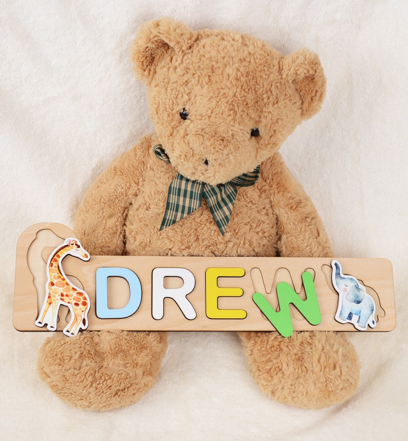 Personalized Baby Gift, First Birthday Gift, New Born Baby Gift, Custom Wooden Name Puzzle with Pegs, Baby Shower Gift, Toy with Butterfly with animals
