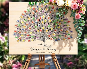 Peacock Wedding Guest Book Alternative, Custom Guestbook for Wedding Sign Personalized Rustic Wooden Thumb Finger Print Guest Book Signature
