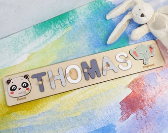 Personalisiertes Namenspuzzle mit Tieren aus Holz für Kinder, personalisiertes Geschenk zur Geburt, Spielzeug für Jungen, 2-jähriges Baby Mädchen Geschenk für Kindergeburtstag