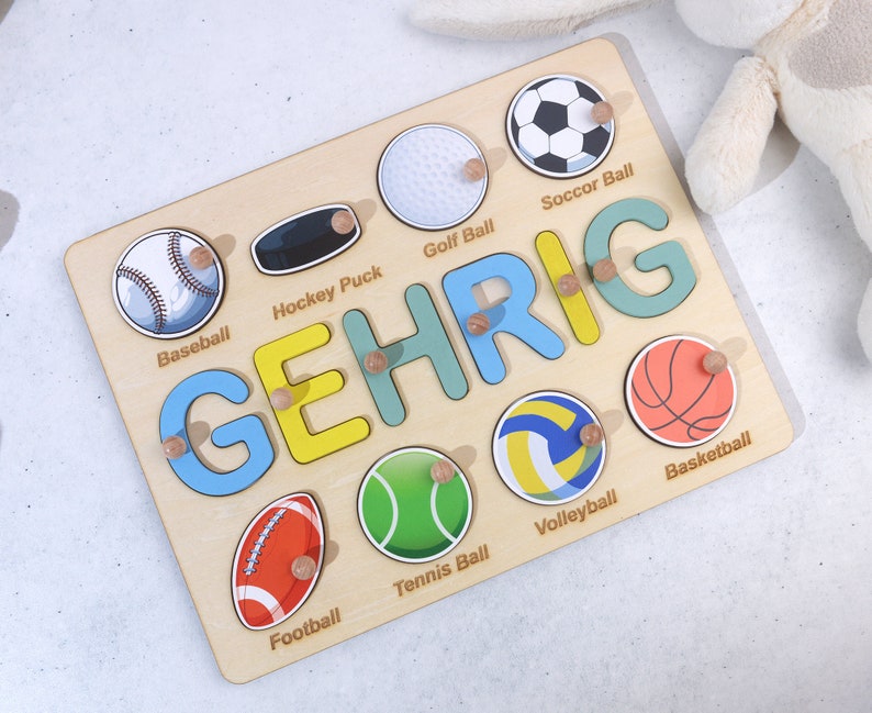 Birthday Gifts for Boys, Baby Shower Gift, Personalized Name Puzzle with Balls, Ball Game Wooden Matching Board, Sports Theme Name Puzzle image 7