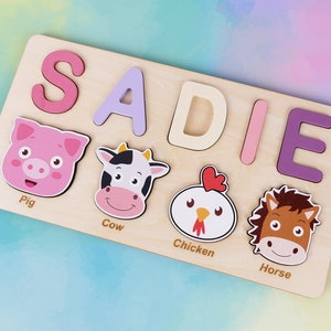 Personalized Gifts for One Year Old Girl, Unique Baby Girl First Birthday Gifts, Toddlers Puzzle, Free Engraving Tyucustomgifts BP063I-AP423 4 animals on bottom