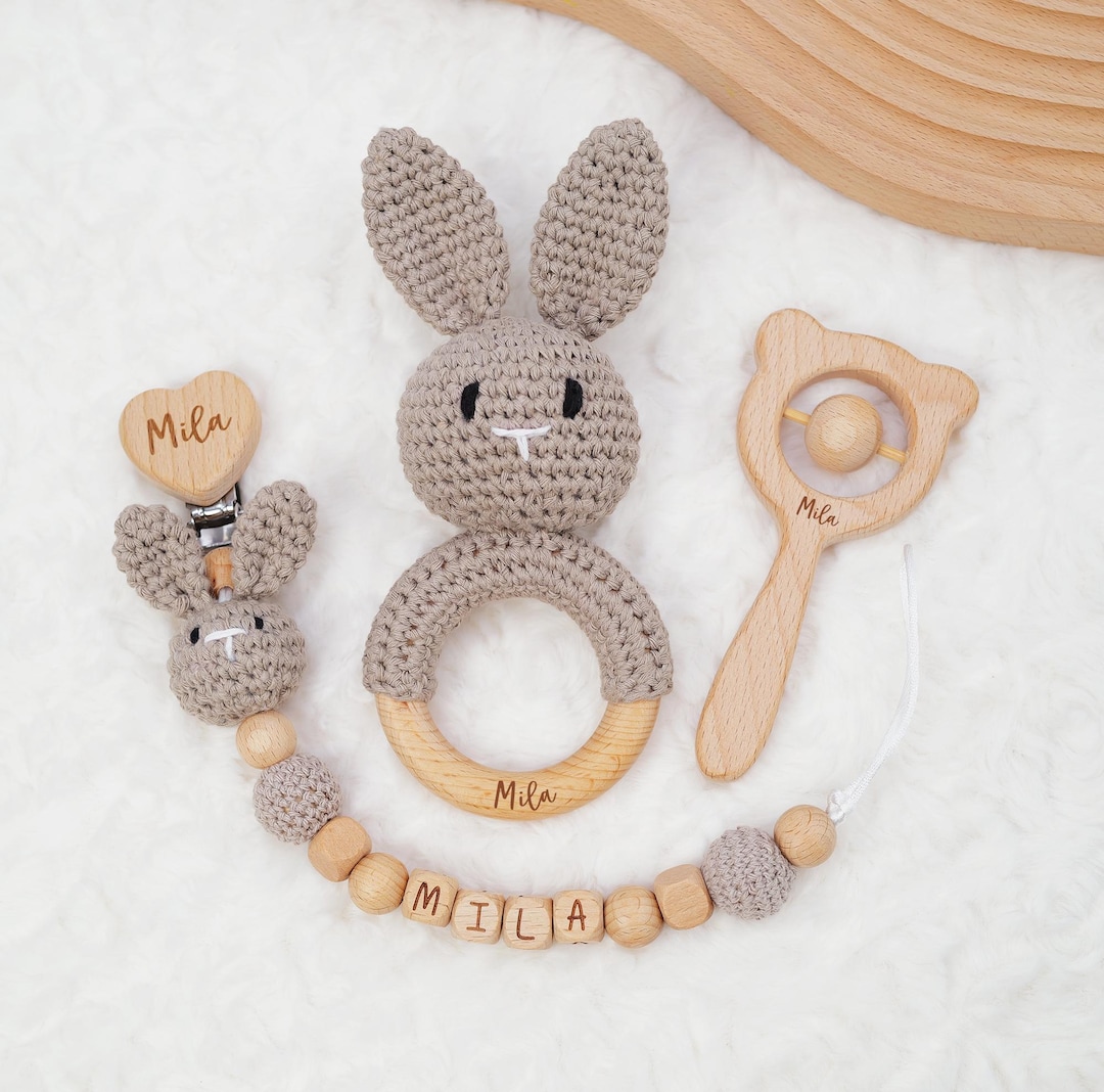 Crochet Bunny Rattle & Pacifier Clip Set for Babies, Custom Wooden Baby ...