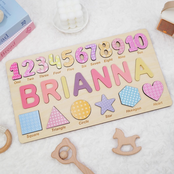 Personalized Baby Name Puzzle with Shapes and Numbers, First Birthday Gifts for Kids Girl, Baby Shower Gift for Boys, Toddler Toy Gifts