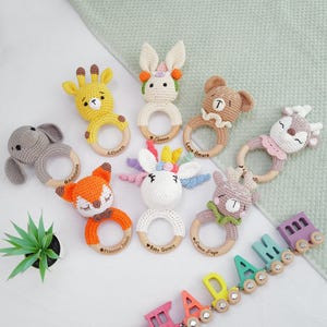 Crochet Baby Rattle, New Baby Toy, Hand Knitted Rattle for Baby Shower, Animal Head Wooden Rattle, New Born Baby Boy Gift, Baby Girl Gift