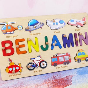 Personalized Transportation Name Puzzle for Kids | Educational Baby Gift with Cars, Trucks, Trains, Planes, Boats, Handmade Wood Toy 7141523