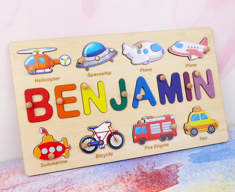 Christmas Gift for Babies, 2nd Birthday Gift for Baby Boy, Wooden Name Puzzle with Vehicles, Personalized Wooden Memory Toy, Gift for Nephew image 2
