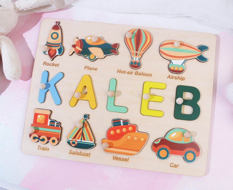 Birthday Gift for Baby Boys, Vehicles Words Matching Game, Wooden Name Puzzle, Personalized Wooden Memory Toy, Christmas Gift for Babies image 5