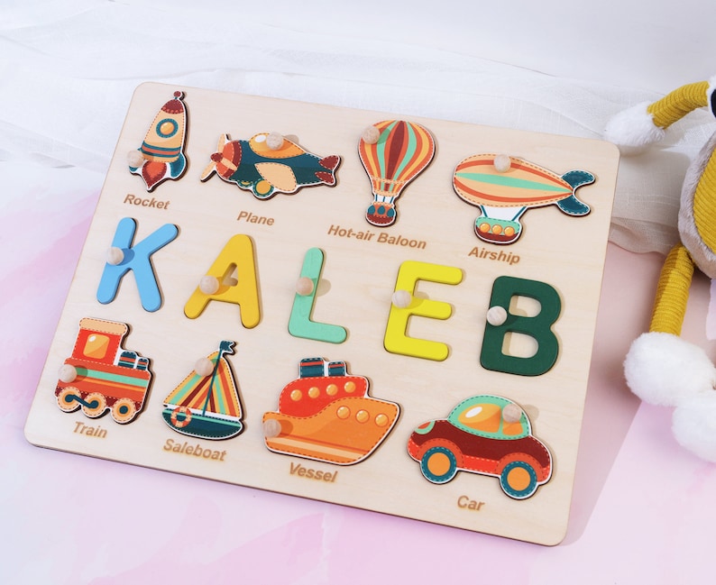 Christmas Gift for Babies, 2nd Birthday Gift for Baby Boy, Wooden Name Puzzle with Vehicles, Personalized Wooden Memory Toy, Gift for Nephew image 8