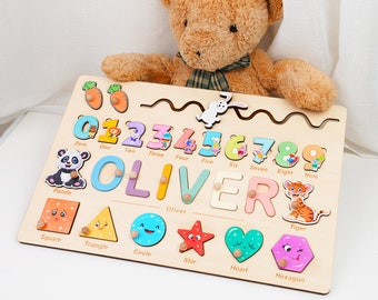 Personalisiertes Holzpuzzle mit Formen, Tieren und Zahlen 0-9, Baby Geburtstagsgeschenk, Busy Board für Kleinkind, Kindergeschenk, Lernspielzeug