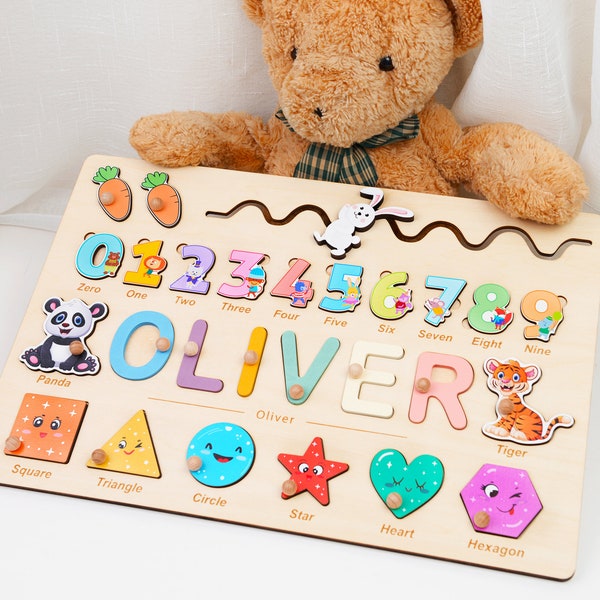 Personalized Wooden Puzzle with Shapes, Animals, and Numbers 0-9, Baby Birthday Gift, Busy Board for Toddler, Kids Gift, Educational Toy