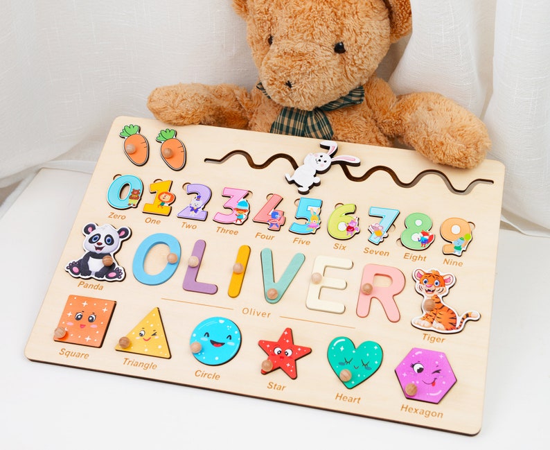 Personalized Wooden Puzzle with Shapes, Animals, and Numbers 0-9, Baby Birthday Gift, Busy Board for Toddler, Kids Gift, Educational Toy image 1