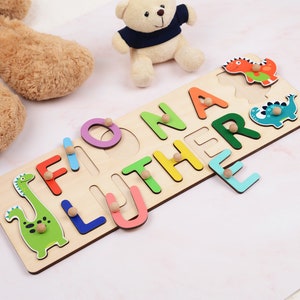 Custom 1st Birthday Present, Dinosaur Name Puzzle with Pegs, Toddlers Full Name Puzzle, Baby Shower Gift, Personalized Wooden Montessori Toy image 3