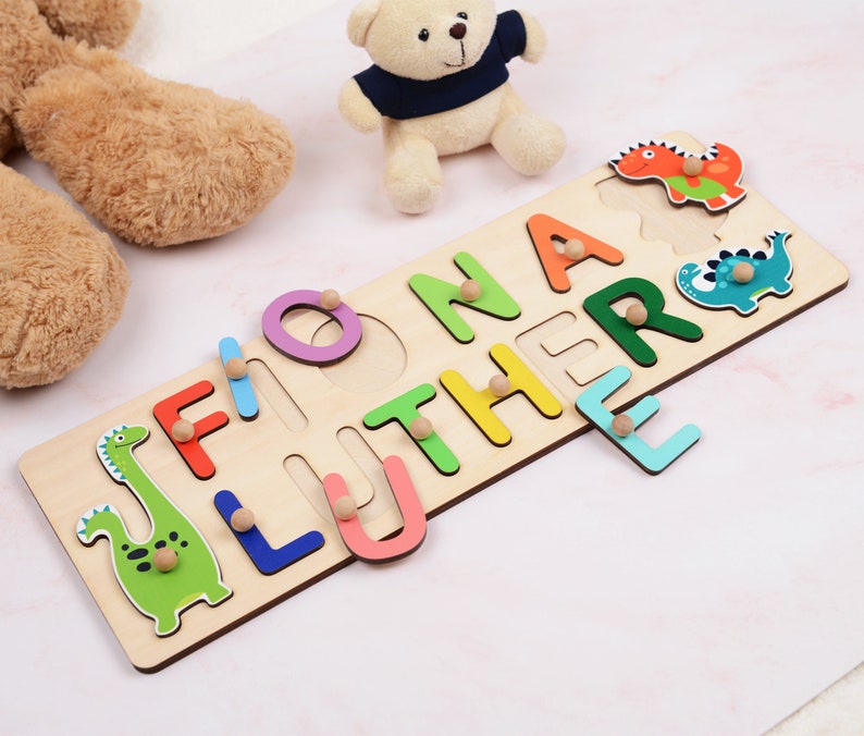 Custom 1st Birthday Present, Dinosaur Name Puzzle with Pegs, Toddlers Full Name Puzzle, Baby Shower Gift, Personalized Wooden Montessori Toy image 3