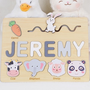 Custom Baby Name Puzzle with Movable Easter Bunny and Carrot, Educational Toy Gift for Kid, Busy Puzzle Board, Personalized Birthday Present image 1