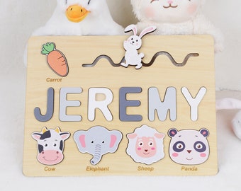 Custom Baby Name Puzzle with Movable Easter Bunny and Carrot, Educational Toy Gift for Kid, Busy Puzzle Board, Personalized Birthday Present