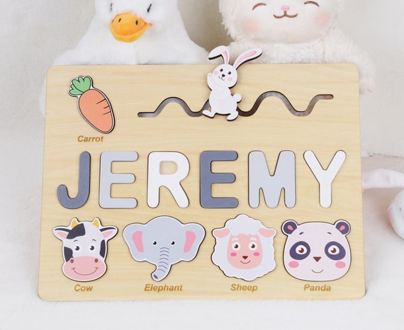 Custom Baby Name Puzzle with Movable Easter Bunny and Carrot, Educational Toy Gift for Kid, Busy Puzzle Board, Personalized Birthday Present