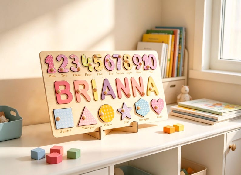 Op de afbeelding: Een houten puzzelbord met de naam BRIANNA in grote, kleurrijke letters, de cijfers &eacute;&eacute;n tot en met tien en diverse vormen zoals een vierkant, driehoek, cirkel, ster, zeshoek en hart, elk voorzien van een klein knopje om vast te pakken.