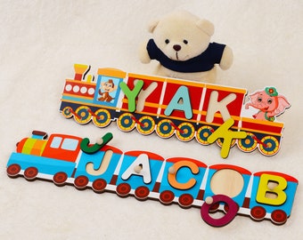 Nom personnalisé Puzzle Train, Wooden Montessori Toy Puzzle, Cadeau de bébé 1er anniversaire, Cadeau de baby shower, Cadeau de Noël pour enfant, Train de lettres