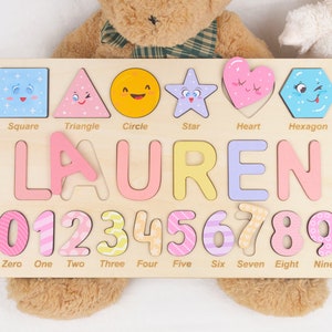 Algebraic Wooden Name Puzzle, Preschool Puzzle Toys for Girls, Personalized Name and Number Puzzle, Educational Puzzle for Learning Shapes