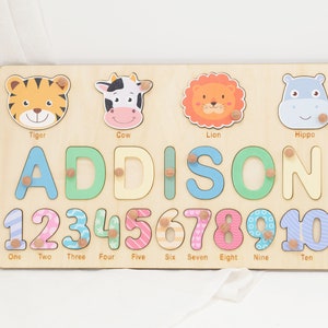 Personalisierte Geschenke für einjähriges Mädchen, einzigartiges Baby Mädchen zum ersten Geburtstag Geschenke, Kleinkind Puzzle, kostenlose Gravur Tyucustomgifts BP063I-AP423 4animals+numbers