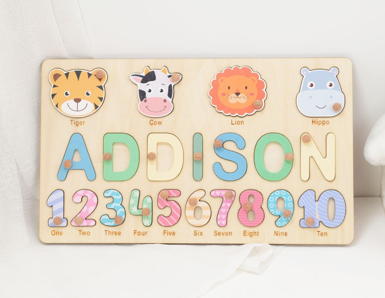 Personalisierte Geschenke für einjähriges Mädchen, einzigartiges Baby Mädchen zum ersten Geburtstag Geschenke, Kleinkind Puzzle, kostenlose Gravur Tyucustomgifts BP063I-AP423 4animals+numbers